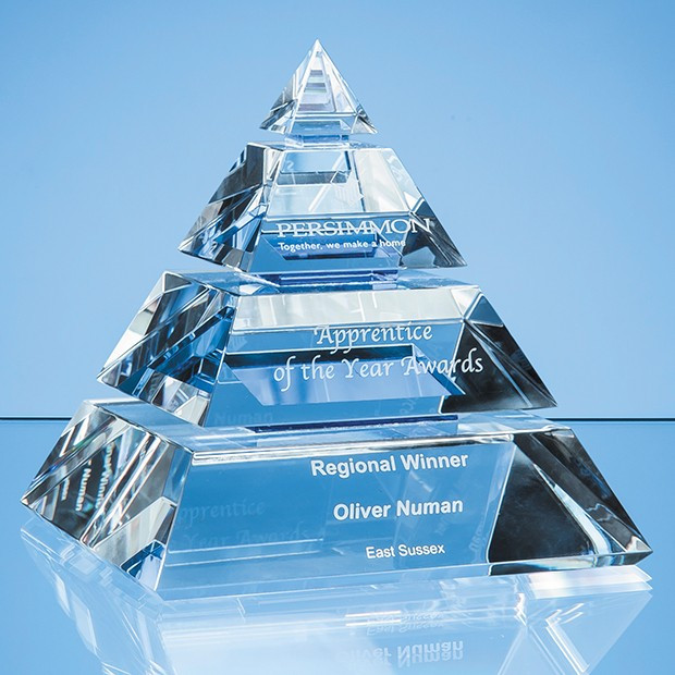 Promotional 16cm Clear Optical Crystal Luxor Pyramid Award with 3 Cobalt Blue Lines