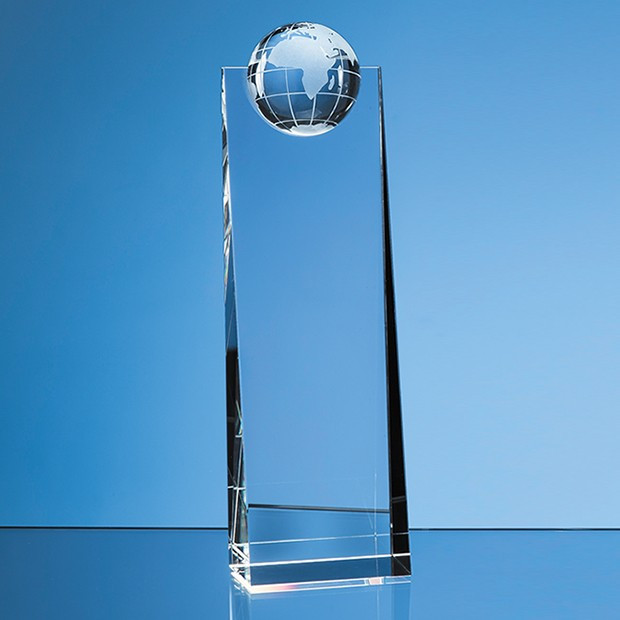 Promotional 24cm Optical Crystal Globe Rectangle Award