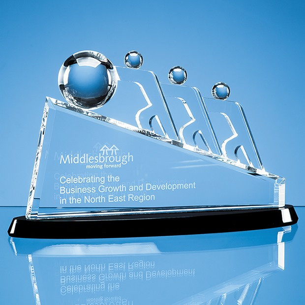 Promotional 32cm Optical Crystal Slope Teamwork Award Mounted on an Onyx Black Crystal Base