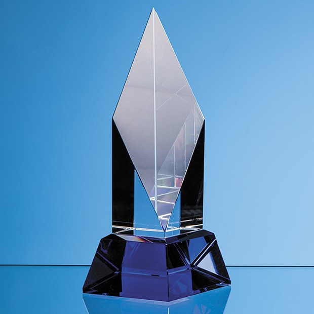 Promotional 19cm Clear Optical Crystal Diamond Mounted on a Cobalt Blue Base