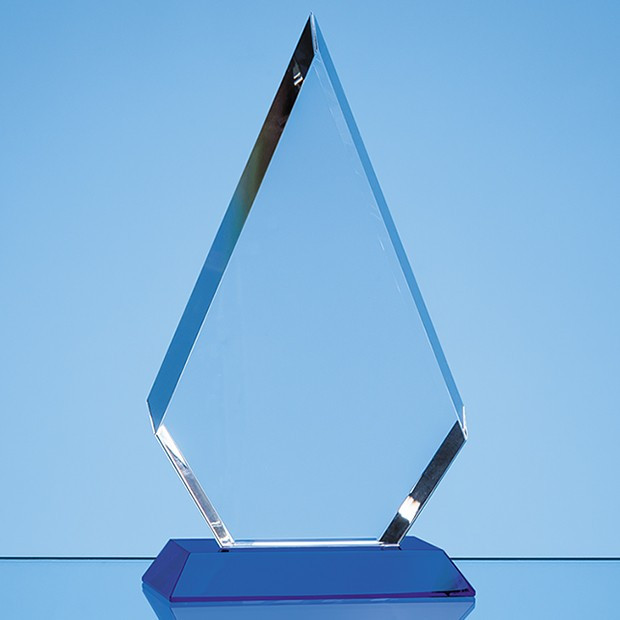 Promotional 20.5cm Optical Crystal Facet Diamond Award on a Sapphire Blue Base