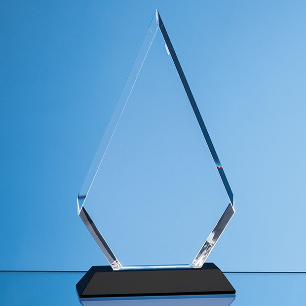 Promotional 18cm Optical Crystal Facet Diamond Award on an Onyx Back Base