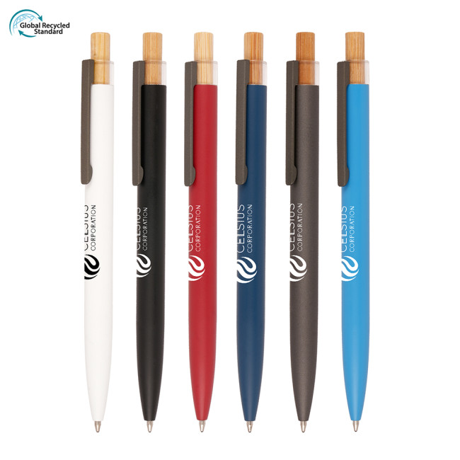 Promotional Refresh Recycled Aluminium Ball Pen with bamboo plunger - Image 1