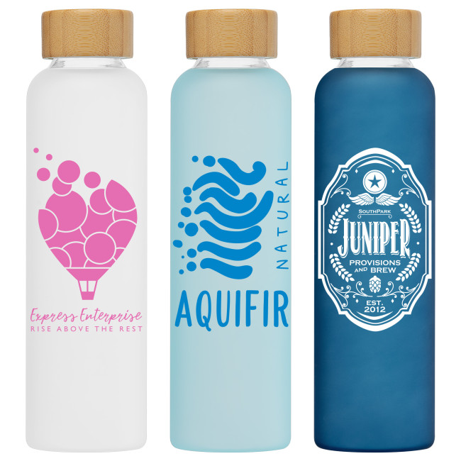 Promotional Lucerne Frosted Borosilicate Glass Bottle with Bamboo Lid 590ml