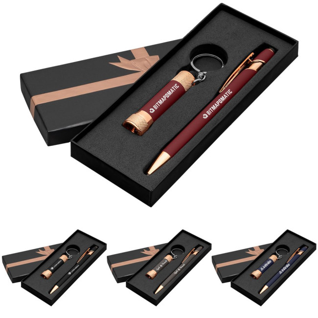 Promotional Prince Softy Rose Gold Pen & Torch Gift Set Ribbon Box