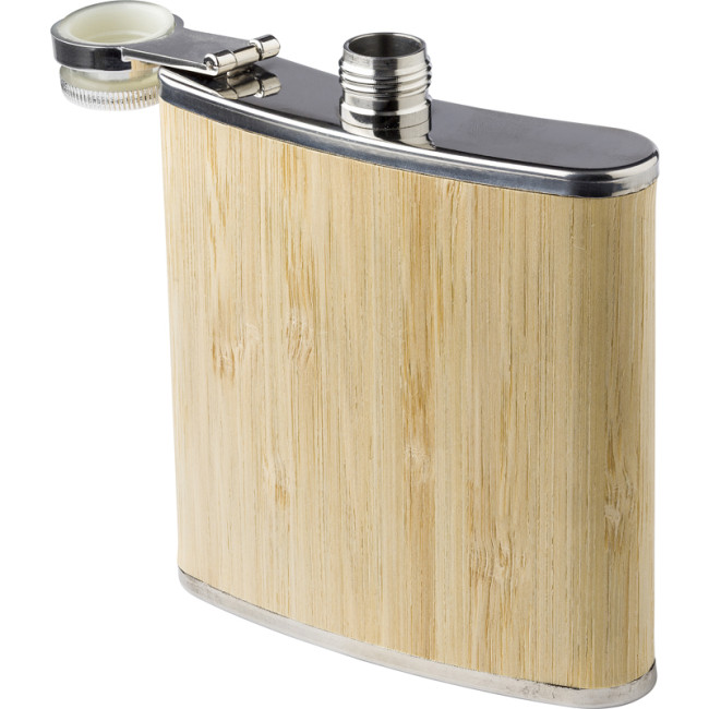 Promotional Stainless Steel And Bamboo Hip Flask - Image 1