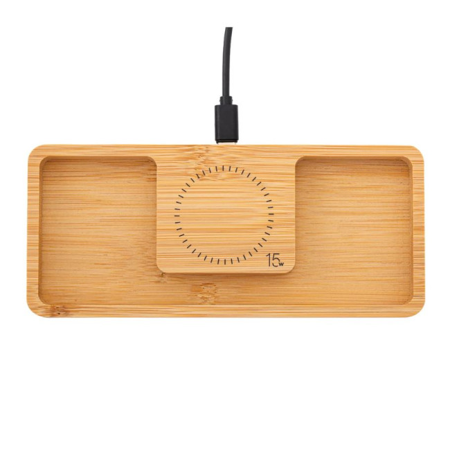 Promotional Bamboo Desktop Organiser With Wireless Charger 15W