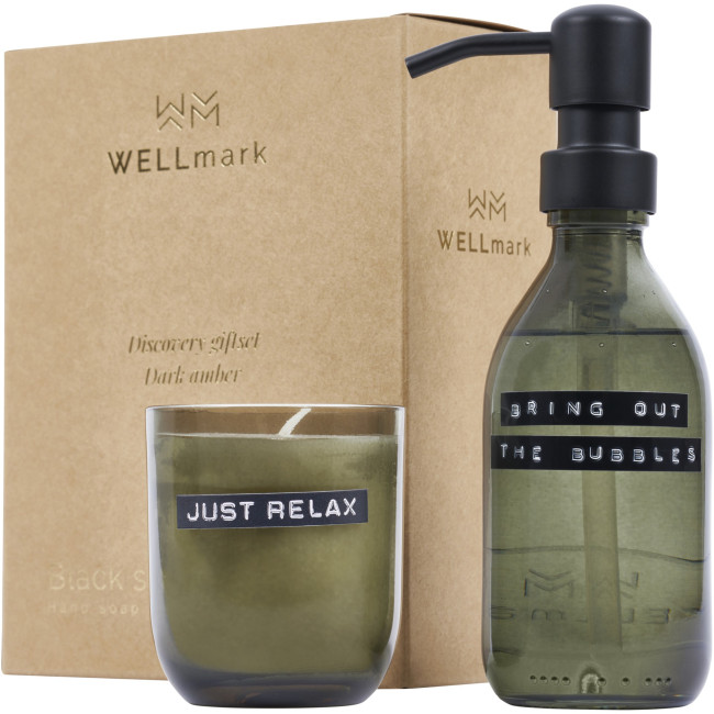 Promotional Wellmark Discovery 200ml Hand Soap Dispenser & 150g Candle Set Dark Amber Fragrance