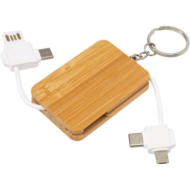 Promotional Reel 6-In-1 Retractable Bamboo Key Ring Charging Cable