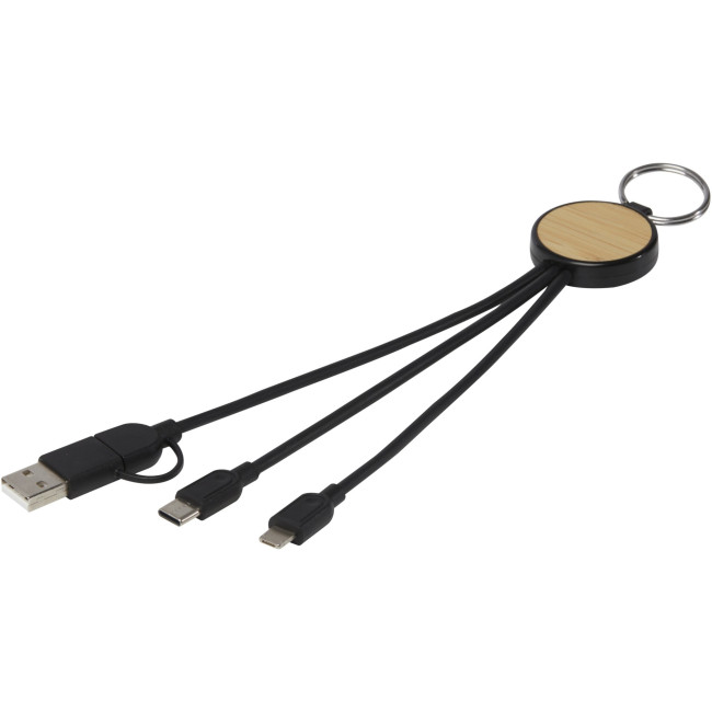 Promotional Tecta 6-In-1 Recycled Plastic/Bamboo Charging Cable With Keyring