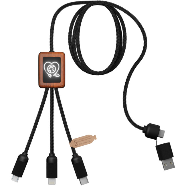 Promotional SCX.Design C38 5-In-1 RPET Light-Up Logo Charging Cable With Squared Wooden Casing - Image 1