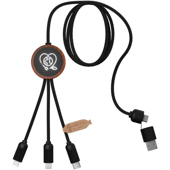 Promotional SCX.Design C37 5-In-1 RPET Light-Up Logo Charging Cable With Round Wooden Casing