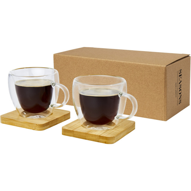 Promotional Manti 2-Piece Double-Wall Glass Cup With Bamboo Coaster 100ml