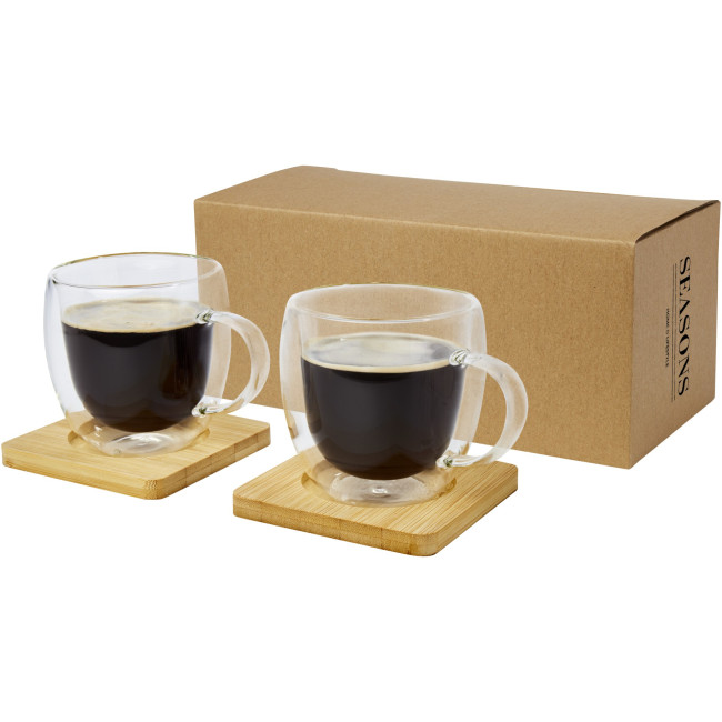 Promotional Manti 2-Piece Double-Wall Glass Cup With Bamboo Coaster 250ml