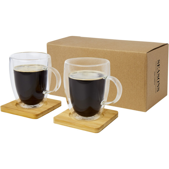 Promotional Manti 2-Piece Double-Wall Glass Cup With Bamboo Coaster 350ml