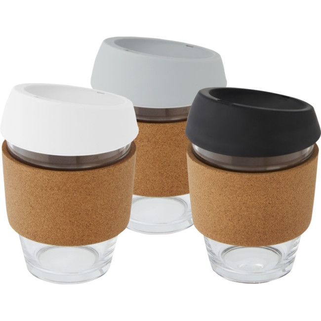 Promotional Lidan Borosilicate Glass Tumbler With Cork Grip And Silicone Lid 360ml - Image 1