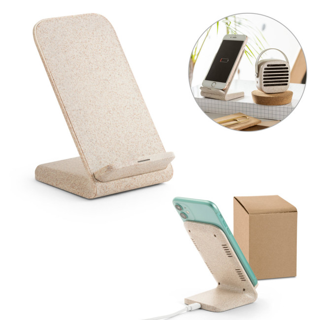 Promotional Wheat Straw Fiber & ABS Mobile Phone Holder With Wireless Charger