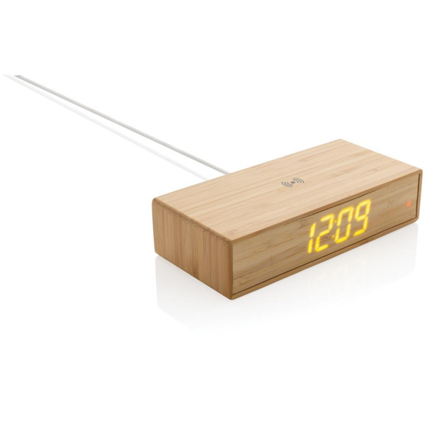 Promotional Bamboo Alarm Clock With Wireless Charger 5W