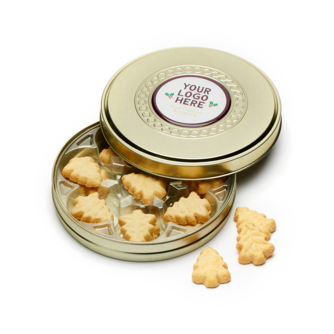 Promotional Shallow Gold Treat Tin Festive Shortbread Biscuits