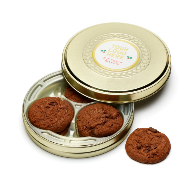 Promotional Shallow Gold Treat Tin Belgian Chocolate Cookies