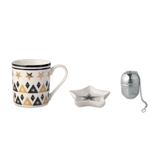 Promotional Ceramic Mug Set With Tea Filter & Mini Plate - Image 1