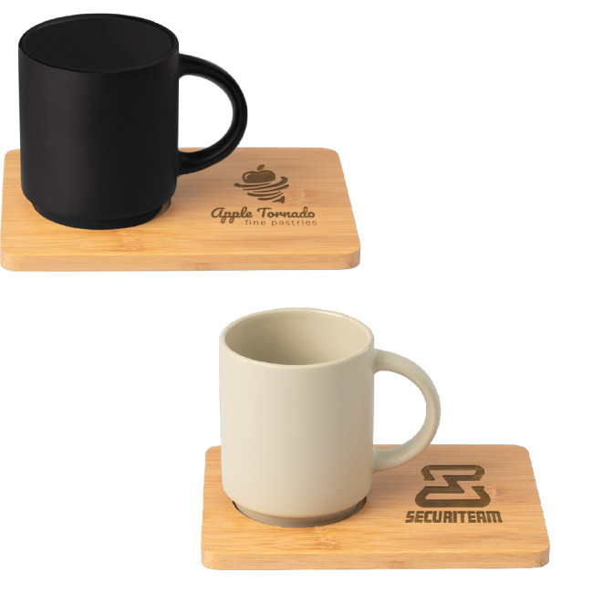 Promotional Café Duo Ceramic Mug & Bamboo Board Set 325ml