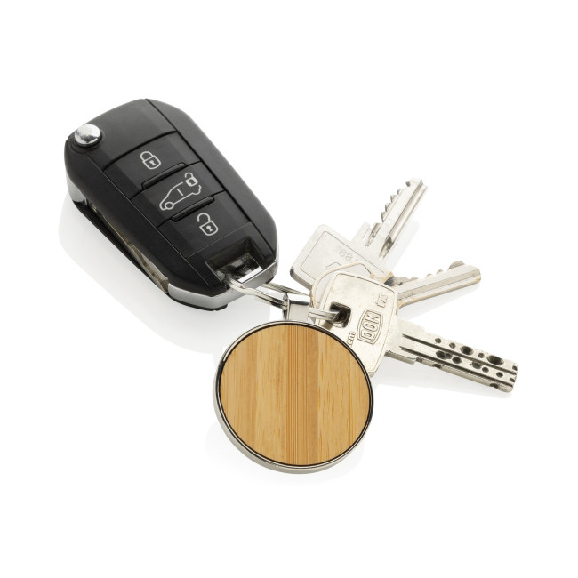 Promotional RCS Recycled Zinc Alloy Round Keychain With Bamboo - Image 2