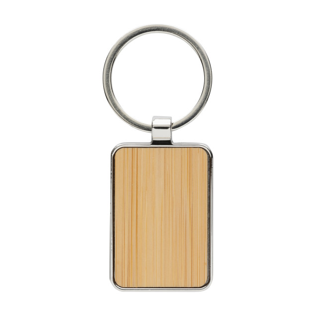 Promotional RCS Recycled Zinc Alloy Rectangle Keychain With Bamboo - Image 1