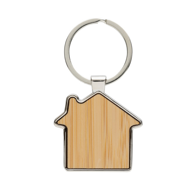 Promotional RCS Recycled Zinc Alloy House Keychain With Bamboo - Image 1