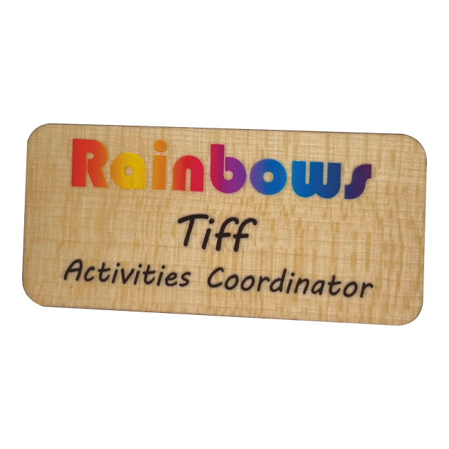 Promotional Wooden Name Badge Maple 75x35mm Pin - Image 1