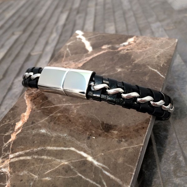 Promotional Nckis Mens Black Leather Chain Bracelet