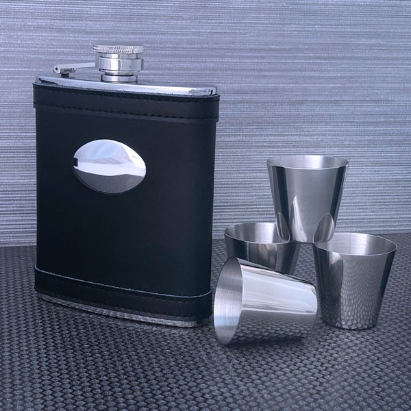 Promotional Black leather flask with cups