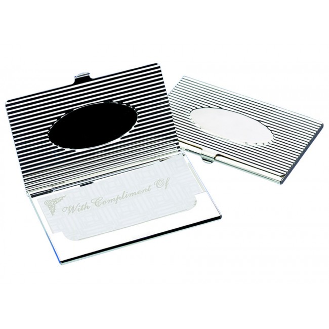 Promotional Linear with Oval Business Card Case - Silver Plated