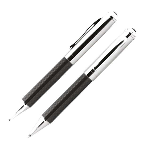 Promotional Carbon Fibre Ballpoint & Rollerball Set - Chrome - in Chrome Box