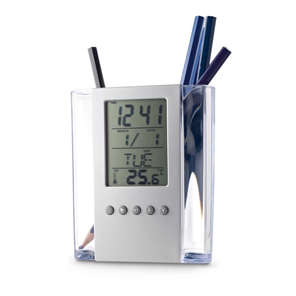 Promotional Acrylic Pen Holder With Digital Clock