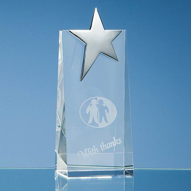 Promotional 17.5cm Optical Crystal Rectangle with Silver Star