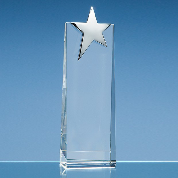 Promotional 22.5cm Optical Crystal Rectangle with Silver Star