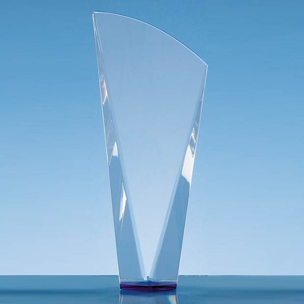 Promotional 23.5cm Clear Optical Crystal Facet Shard Award with a Sapphire Blue Base