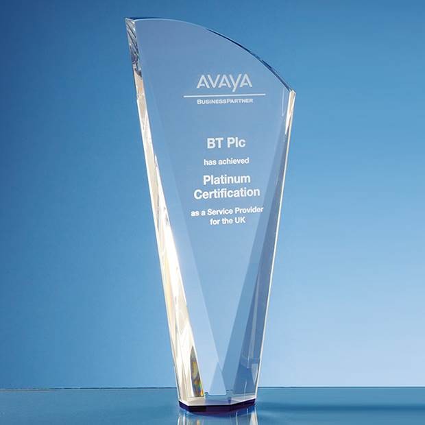 Promotional 25.5cm Clear Optical Crystal Facet Shard Award with a Sapphire Blue Base