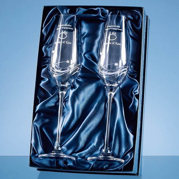 Promotional 2 Diamante Champagne Flutes with Elegance Spiral Cutting in an attractive Gift Box