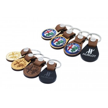 Deluxe Round Shape Keyring In Either Wood Or Acrylic With A Leather Strap