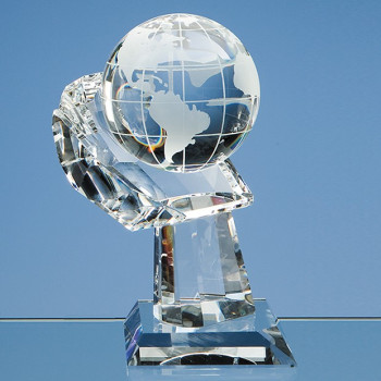 8cm Optical Crystal Globe on Mounted Hand Award