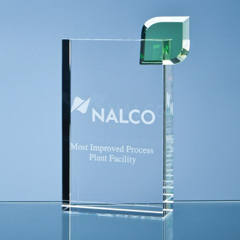 17cm Optical Crystal 'Eco Excellence' Award with a Single Green Leaf