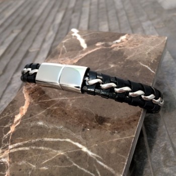 Nckis Mens Black Leather Chain Bracelet