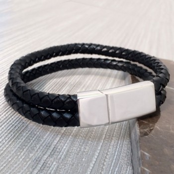 Gianni Mens Black Double Plat Leather Bracelet