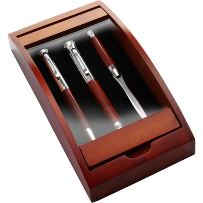 Metal/rosewood twist action ballpen and rollerball set