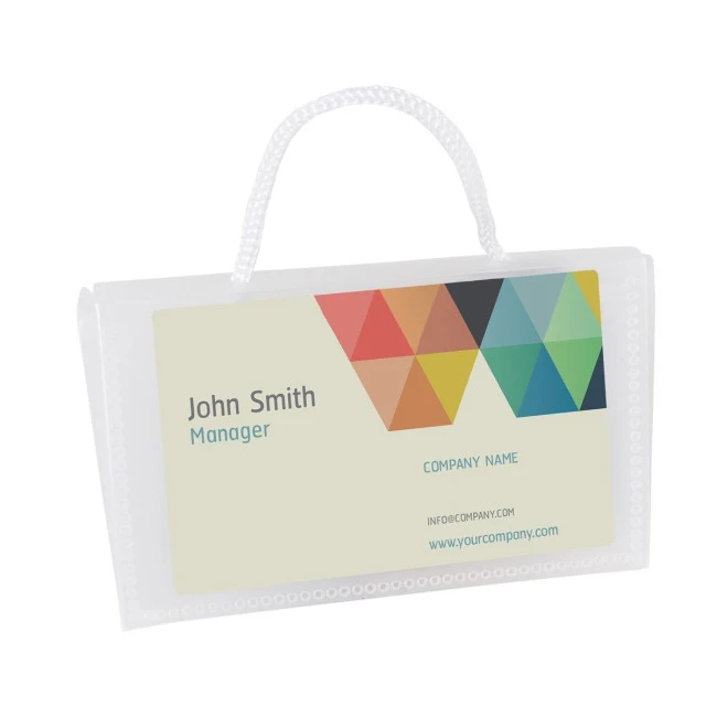 Mini clear recyclable polypropylene bag with drawstrings and one window for a business card.