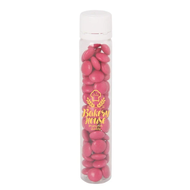 Plastic tube with milk chocolate sweets