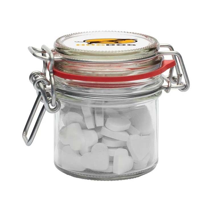 125ml/290gr Glass jar filled with dextrose heart mints