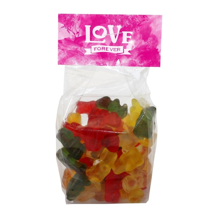 130gr Bag with a card base and printed header board filled with gummy bears